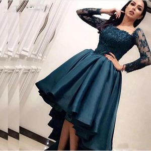 Dark Blue Arabic High Low Prom Dresses Long Sleeves Formal Party Evening Dress Saudi Arabia Pageant Gowns