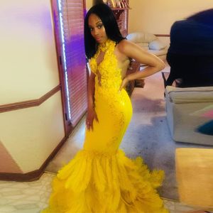 Gorgeous Yellow High-Neck Syrenki Prom Dresses 2022 Koronki Cekiny Suknie Wieczorowe Z Piór Ilusion African Party Suknie