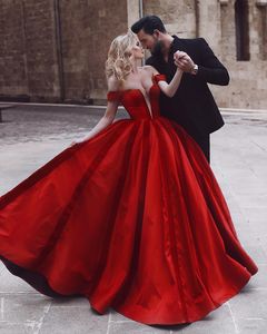 Said Mhamad 2019 New Fashion Red Sation Ball Gown Wedding Dresses Sheer V Neck Off Shoulder Lace-up Ruffle Bridal Wedding Party Gowns