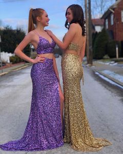 2020 Sequins Prom Party Dress 202k Two-Pieces Sheath Long Formal Event Gowns Lace-Up Back High Split/Slit Side Real Photos