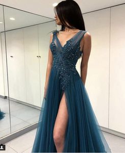 Blackish Green Prom Dresses Sheer Neck Backless Sweep Train Appliques Beads Long Formal Evening Party Gowns Special Occasion Dress