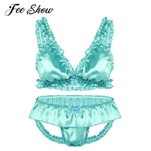 2Pcs Gay Mens Sissy Sexy Costumes Soft Satin Elastic Frilly Ruffled Lingerie Sets Bikini Bra Top with Open Back Briefs Underwear