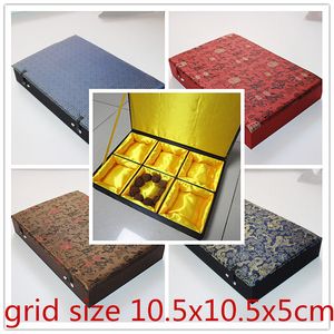 Large Cotton Filled 6 Grid Slot Wooden Jewelry Box Decorative Storage Boxes Chinese Silk Brocade Men Bracelet Box High End Gift Packaging