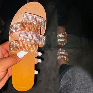 Kvinnor lägenheter tofflor rhinestone kvinnors skor kvinna casual bling damer glides plus storlek strand skor kvinnlig sommar 2020 het