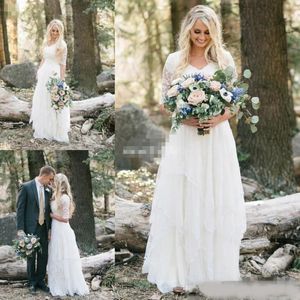 Western Country Wedding Dresses Lace Chiffon Modest V-Neck Half Sleeves Long Bohemian Bridal Gowns Plus Size Robe de mariée en dentelle