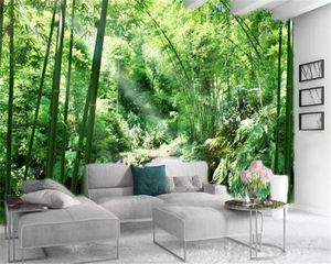 Carta da parati personalizzata con paesaggio 3d Splendido scenario di foresta di bambù verde Piccola cascata Decorazione d'interni Carta da parati murale in seta