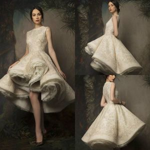 Krikor Jabotian Short Prom Dresses High Low Jewel Neck Lace Beaded A Line Evening Gowns Vestidos De Festa