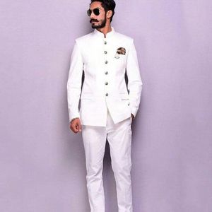 New Arrival White Groom Tuxedos Stand Collar Men Suits 2 pieces Wedding/Prom/Dinner Blazer (Jacket+Pants+Tie) W911