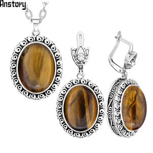 Oval Natural Tiger Eye Stone Jewelry Set For Women Snail Flower Antique Silver Plated Necklace Earrings Fashion Jewelry TS408