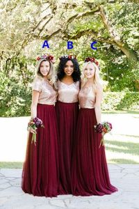 Sexig rosguld paljetterad land brudtärna klänningar tre stycken begrava billig golvlängd svart flicka plus storlek bröllop gästklänningar