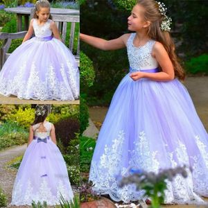 Purple Elegant Light Flower Girl Garden Weddings Princess Crew Neck Perle Appliques Abito di Comunione di compleanno per bambini lunghi