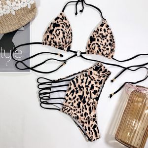 Kadın mayo kadın seksi bikini splice leopar mayo yüksek bel kadın iki parça set banyo