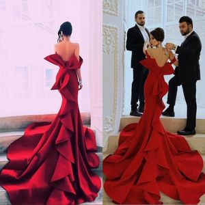 Red Mermaid Portrait Fabulous Prom Dresses Sexy Off Shoulder Big Bow Backless Celebrity Party Gowns Dubai Satin Chapel Train Evening Gowns