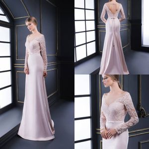 2020 Modest Elegant Mermaid Evening Dresses Jewel Långärmad Hollow Lace Applique Bow Sash Formella Klänningar Sweep Train Party Gowns