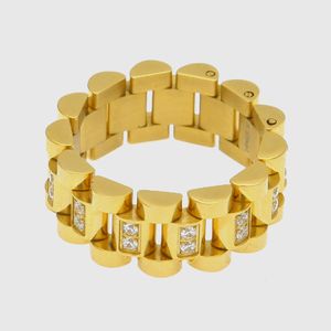 Hip Hop Guld och Silver Rostfritt Stål CZ Cubic Zirconia Chain Band Ring Hollowed Finger Ring Rapper Lovers Smycken Gåvor för män och kvinnor