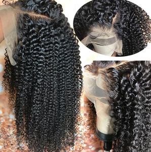 Kinky Curl Lace Front Wig x4 Lång Parting Preplucked Hairline a Virgin Malaysiska Human Hair Wigs För Black Wome Fast Express Frakt