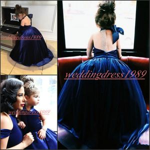 Princess Velvet Flower Girls' Dresses Hlater Royal Blue Girl Birthday Formal Gowns First Communion Dresses Kids Tutu Pageant For Wedding