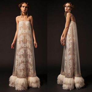 Feather Krikor Jabotian Prom Dresses Strapless Lace Applique A Line Beaded Formal Party Dress Vintage Backless Pageant Evening Gowns