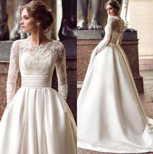 控えめな長袖サテンAリニアングドレスチュールレースアップリケRuched Wedding Bridal Gown Vestidos de Novia Pocket BM1601