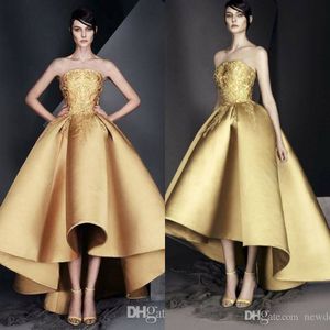 Ashi Studio Elegant Evening Dresses 2020 Gold Strapless Hi Lo Prom Gowns Lace Appliques Special Occasion Dress Vestidos