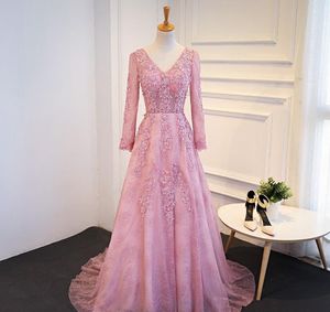 Qatar 2024 A-Line V Collar Lace Aptique Crystalフォーマルなイブニングドレスと長袖のドレス長い尾エレガントなバンケットガウンHY09