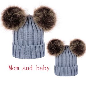 Designer Knit Hat Parent-Child Winter Warm Mom Baby Beanie Ski Cap Head Hooded Caps For Women Girls With Hair Ball Party Hats EEA560 Brandsdesigner