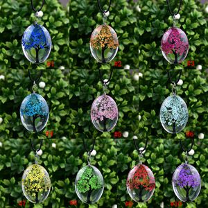 New Oval Tree Of Life Glass Necklaces For Women Dried flowers specimen Pendant Leather chain Fashion Jewelry Gift