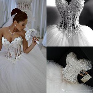 Prinses baljurk trouwjurken parel plus size land bruid jurk puffy tule bling strapless boho bruidsjurken corset terug
