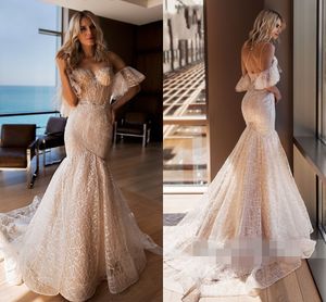 Lindo glitter tulle berta sereia vestidos de casamento de cristal beading boho frio ombro vestido de noiva vestido de noiva vestes de mariée senhor