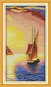 O veleiro no pôr do sol cenário decoração pinturas, Handmade Cross Stitch Bordado conjuntos de costura contados impressão sobre tela DMC 14CT / 11CT