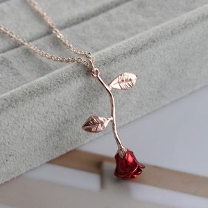 Delicate Handmade Alloy Red Rose Flower Pendant Necklace Beauty Gold Silver Plated Charm Valentine Gifts Women Fashion Jewelry