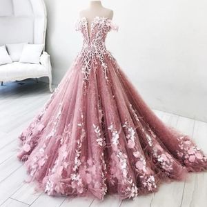 2022 abiti da quinceanera caldi rosa di lusso al largo della spalla abito da ballo con buco della serratura pizzo bianco fiori floreali 3D abiti da sera di spettacolo di perline di cristallo