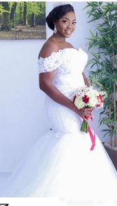 Afrykańska nowa sukienki ślubne syreny na ramię koronkowe aplikacje kryształowe perły łóżka plus size tiul tiul pociąg formalny sukienka ślubna