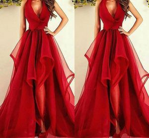 Halter Cocktail Party Evening Prom Dresses Trends Red Party Gown Deep V Neck robe de soiree Formal Occasion Graduation Gowns Custom Made