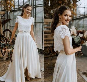 2020 cheap Hot Sell Two Pieces Summer Bohemian Wedding Dresses A Line Lace Top High Low Chiffon Skirt Gardem Boho Bridal Gowns Plus Size