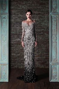 Svart Rami Kadi Sequined Dresses Evening Wear Långärmade Slytor Sheer Jewel Neck Beaded Aftonklänningar Golvlängd Formell Klänning 4043