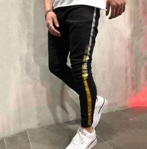2020 novo designer encontrar similar novo jeans masculino designer skinny rasgado amarelo listras vermelhas calças masculinas elásticas finas biker jeans 28-40