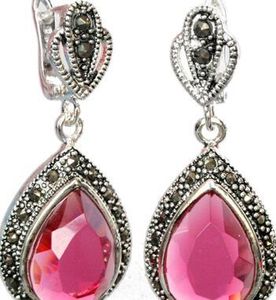 Frete grátis genuíno 925 prata facetada cristal rosa marcasite brinco gota d'água 1 1/2