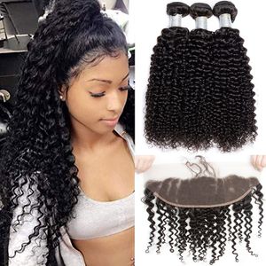 9a Brazilian Deep Wave Bundles with Frontal Unprocessed Virgin Human Hair Weave Wet and Wavy Bundles with 13*4 Ear to Ear Lace Frontal