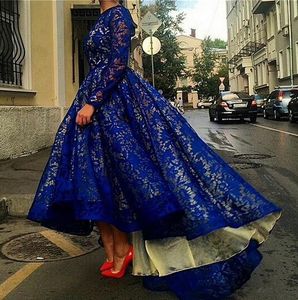 Stunning 2019 Arabic Prom Dresses for Muslim Jewel Neck Long Sleeve Puffy High How Skirt Royal Blue Lace Evening Gowns Women Party Wear