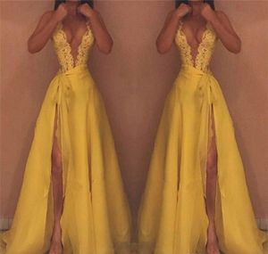 Wysokiej jakości żółte sukienki wieczorowe Deep V Neck Koronki Celebrity Wakacje Kobiety Noszą formalne Party Prom Suknie Custom Made Plus Size