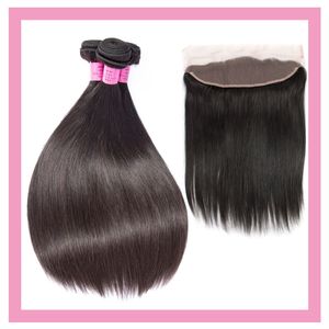 Virgin Virgin Silky Straight 3 pacotes 13x4 Extensões de bebê de renda 8-28 polegadas Wefts com 13 por 4 frontal