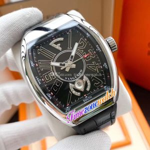 Neue Vanguard Crazy Hours V45 Automatik-Herrenuhr, Stahlgehäuse, schwarzes Zifferblatt, 3D-Nummer, Diamantmarkierungen, Leder, Gummi, Uhren, Zeitzonenuhr E176a