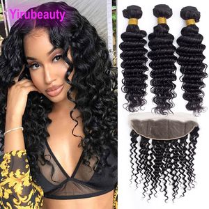 Brazilian Human Hair Extensions Deep Wave 3 Bundles With 13X4 Lace Frontal Free Part Deep Curly Virgin Hair Wefts With 13 By 4 Frontals