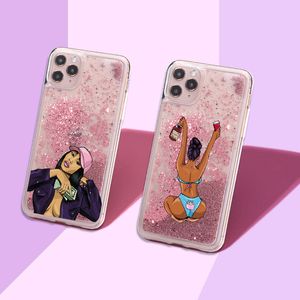 Zrób pieniądze Cash Black Head Girls Girls Sparkle Płynne Glitter Phone Case Fundas Cover dla iPhone 11 12 Mini X XS XR Max Pro 7 7Plus 8Plus 6 skrzynki