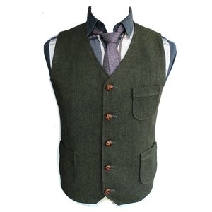 2019 Hot Sale High Quality Green Wool Tweed Vests For Wedding Custom Made Formal Groom's Suit Vest Slim Fit Waistcoat For Men Plus Size