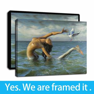 Ocean Nude Mermaid and Pigeon Oil Print on Canvas - Framed Artwork for Home wayfair wall decor