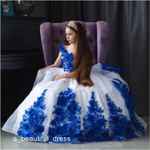 Kraliyet Mavi Beyaz Çiçekler Kızlar Pageant Elbiseler V Boyun Lace Up Prenses Balo Elbise Kat Uzunluk Çocuklar İlk Communion Gowns FG1340
