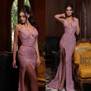 Sexig Spaghetti Sequined Prom Dresses Deep V Neck High Split Girls Pageant Gowns Golvlängd Bling Bling Formell Party Women Clothing