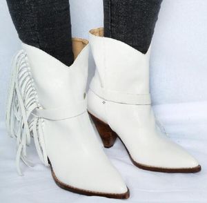 موضة جديدة مثير الشتاء / الخريف الأبيض الأحذية بوتاس الكاحل أحذية الانزلاق على واشار تو المرأة الكعوب سبايك أحذية السيدات أحذية هامش